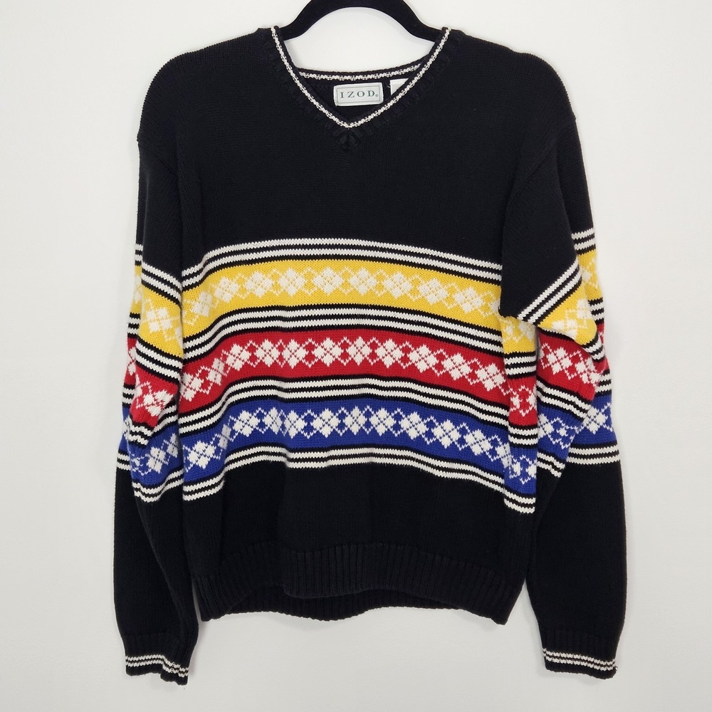 Izod‎ Sweater Women's Sz L Race Day Fair Isle Sweater Colorful Preppy Vintage